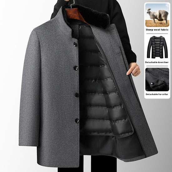 Men’s Wool Overcoat  Mid-Length Autumn/Winter Coat with Detachable Down Liner