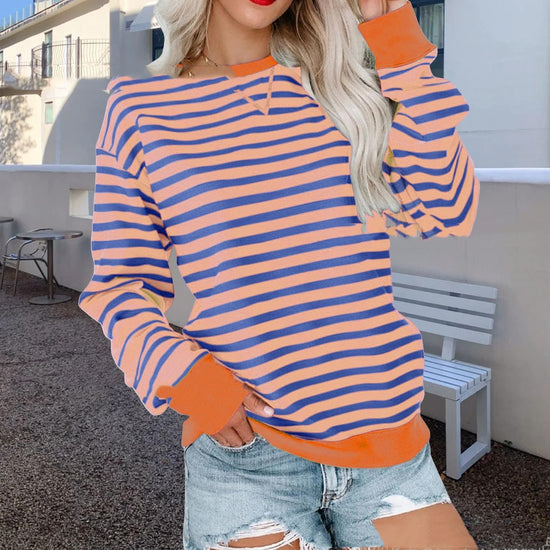 Striped Contrast Color Top  Trendy Round Neck Long-Sleeve for Women