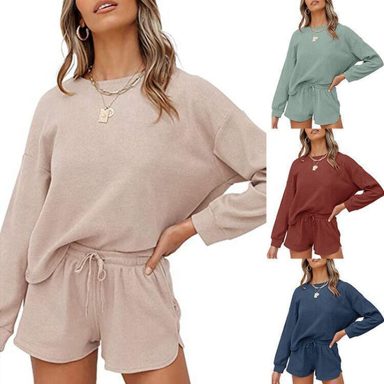 Round Neck Casual Loungewear Set  Long Sleeve Drawstring Homewear Suit