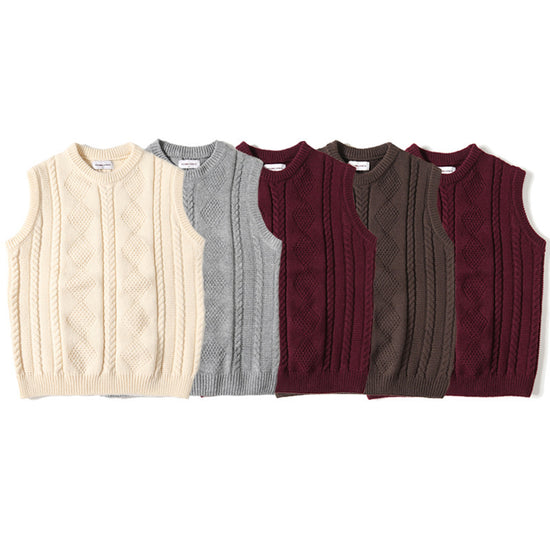 Jacquard Knit Sweater Vest  Round Neck Thick Cable-Knit Loose Tide Style
