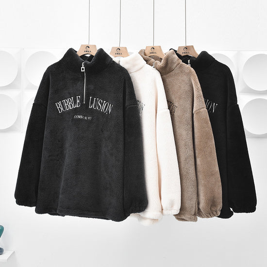Velvet Padded Sweater  Loose Mid-Length Half-Zip Stand Collar Winter Top