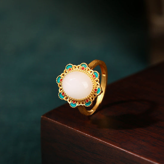 Ancient Gilded Enamel Flower Jade Ring  Vintage Craft Jewelry for Women