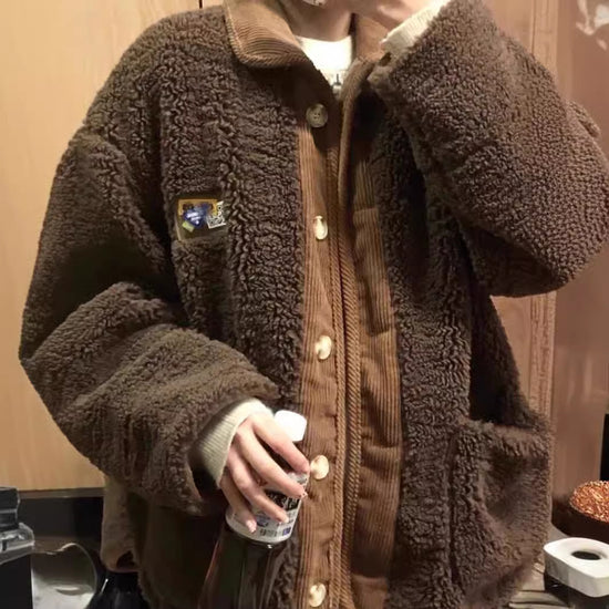 Korean Style Lamb Wool Corduroy Coat  Loose Thick Warm Winter Outerwear