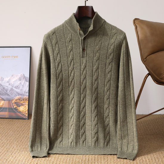 Men’s Half-Height Henry Collar Sweater Thick Twisted Cable-Knit Knitwear