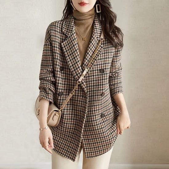 Women’s Houndstooth Woolen Coat Elegant Suit Collar Winter Outerwear